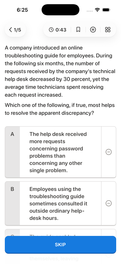 LSAT, after the first tap, on iPhone